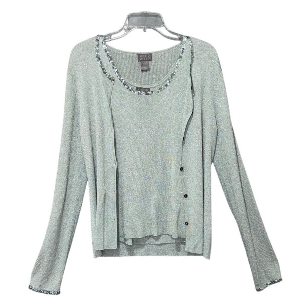 Sigrid Olsen Cardigan Twin Set Womens M Sage‎ Green Metallic Beaded Chic Elegant